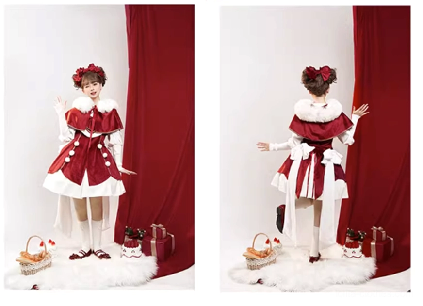 Plus size lolita JSK with detachable fox fur collar cape front and back body dual view red velvet white fur trim