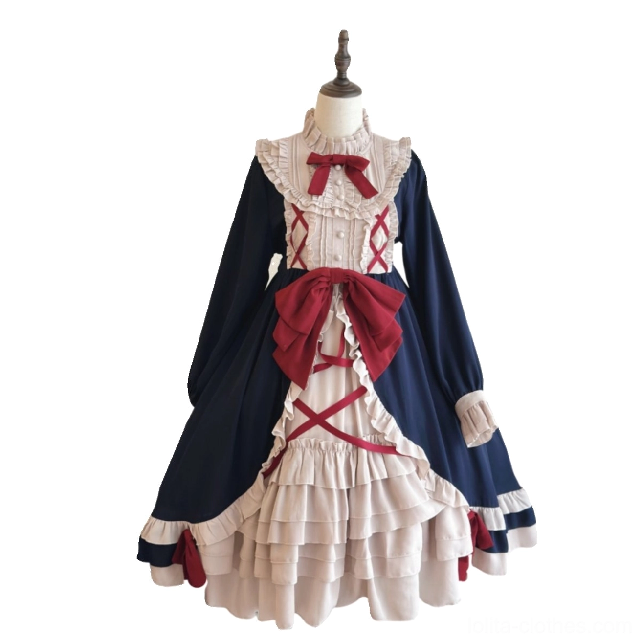Plus size lolita OP dress side-front view on mannequin showing A-line silhouette bishop sleeves cuff bows stand collar ruffle