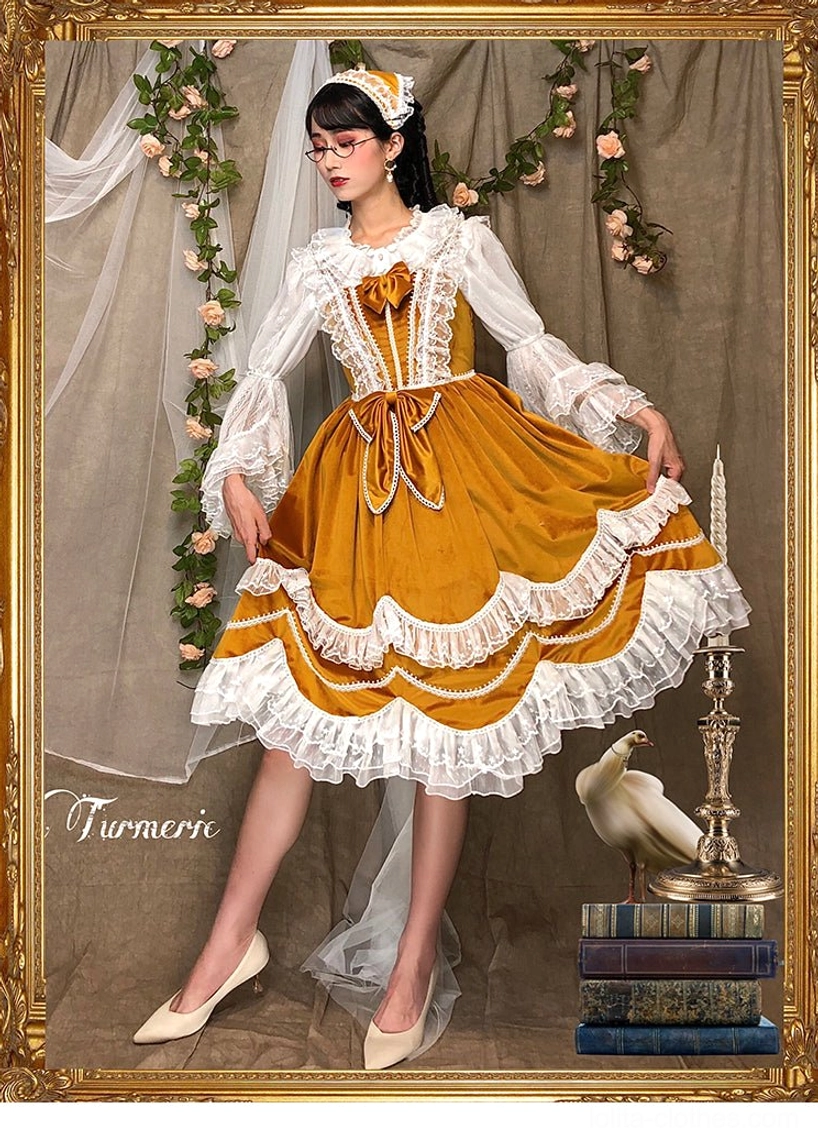 Plus size lolita princess sleeve blouse full-body frontal pose with model wearing period-appropriate accessories and vintage props