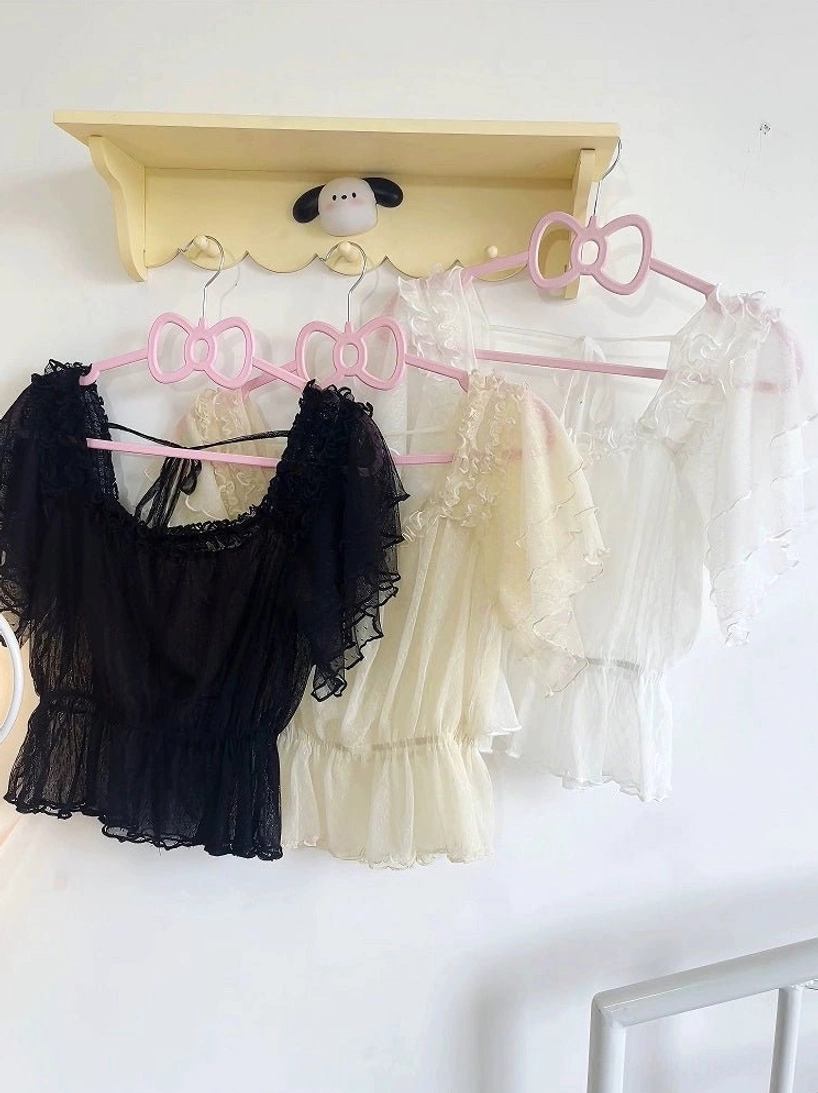 Plus size sweet Lolita blouse styling guide with tiered flutter sleeves in multiple color options available