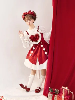 Plus size sweet lolita JSK dress full front body view red color heart chest decoration white pom-pom trims studio shot