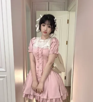 Plus size sweet lolita one-piece dress in pink with square neckline and white lace collar trim featuring puff sleeves and ruffled front button decoration front view