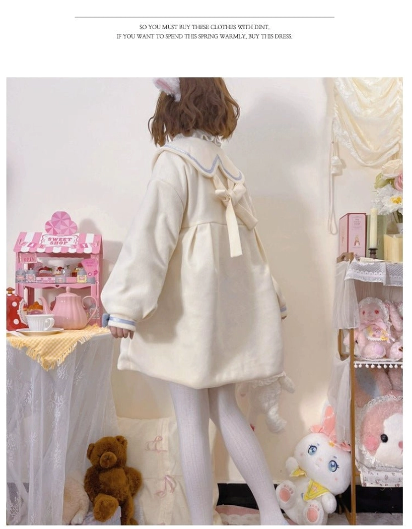Plus size sweet lolita wool coat back full-body view showing back collar bow decoration straight hem natural woolen fabric texture from rear perspective