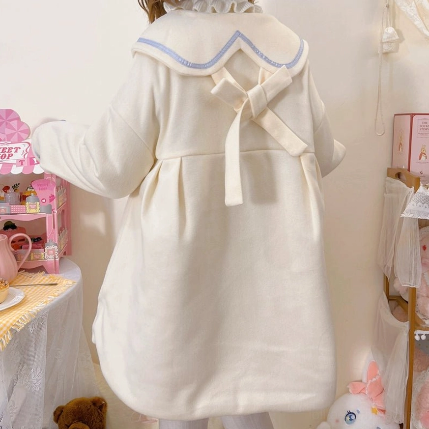 Cream off-white plus size sweet lolita wool coat detailed product photography flat lay showing full silhouette front buttons blue bow heart embroidered bunny pockets white linings