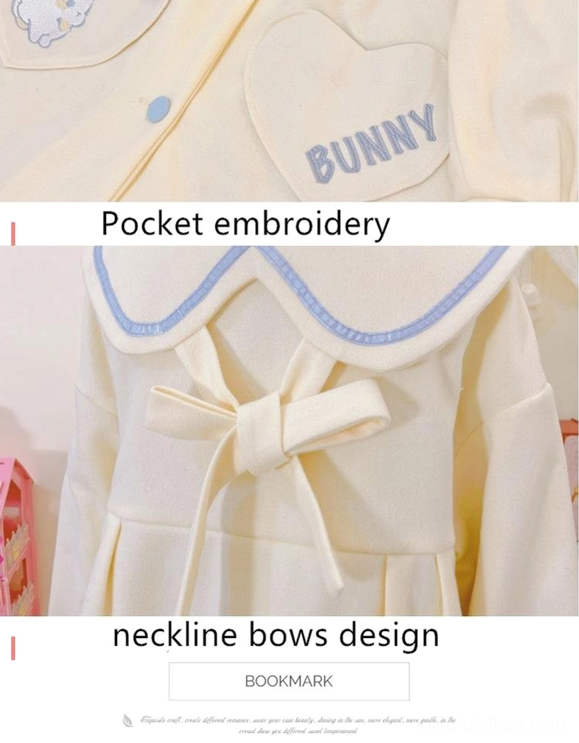 Plus size sweet lolita wool coat styling guide showing multiple coordinate angles sailor collar bow white pom-poms blue buttons heart bunny pockets complete winter lolita fashion look