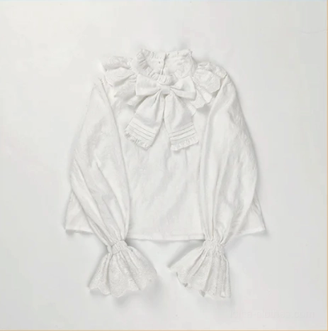 White plus size lolita cotton blouse with stand collar large bow necktie ruffled lace collar and flared lace cuffs elastic gathering