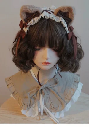 Handmade plush bear ear lolita KC hairband front close-up on mannequin head with brown ears and beige lace trim