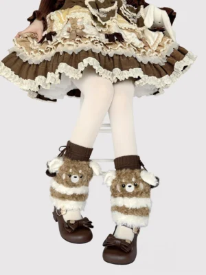 Kawaii plush bear leg warmers with embroidered details worn on model in sweet Lolita coordinate with frilly dress and white tights full front view