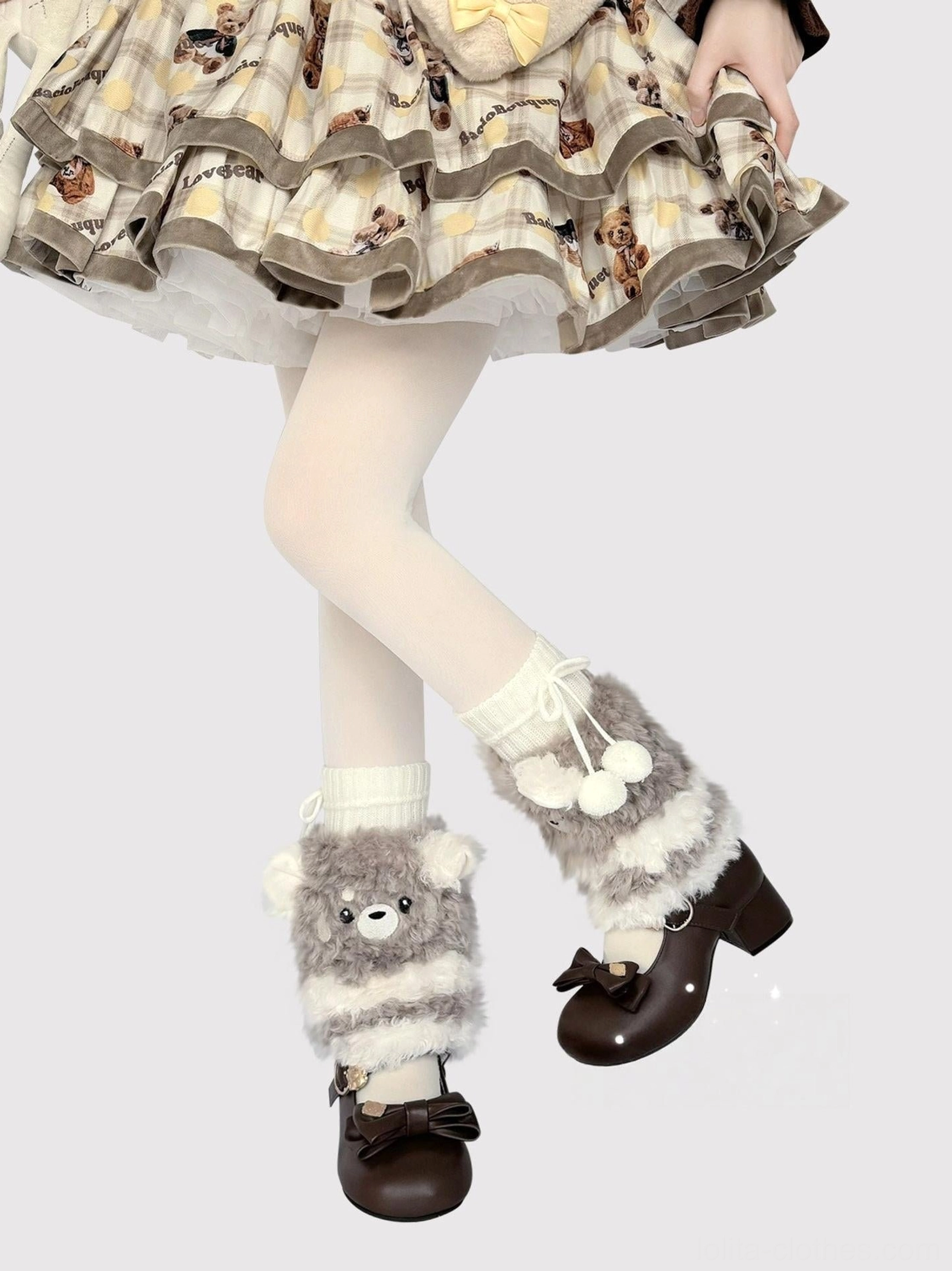 Plush bear leg warmers back side front view worn with frilly sweet Lolita dress brown trim white tights and matching bear design
