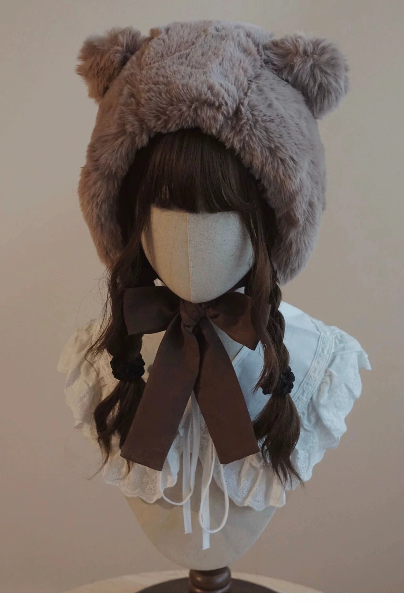 Plush faux fur bear ear lolita hooded hat texture detail showing soft material quality