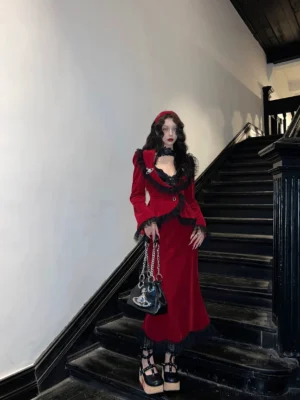 Poisonous Apple burgundy fishtail lolita dress set with black lace jacket front full-body view model indoor staircase