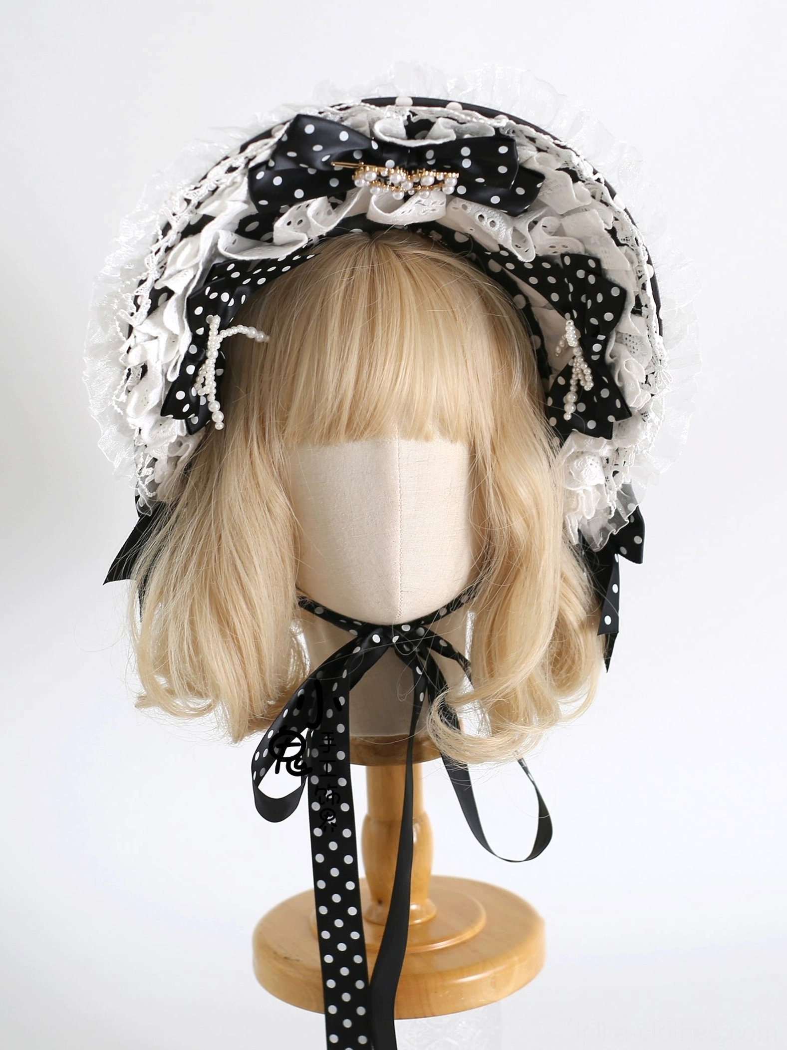 polka dot lolita bonnet headdress dome shaped polka dot fabric lace trims ribbon chin strap pearl decorations
