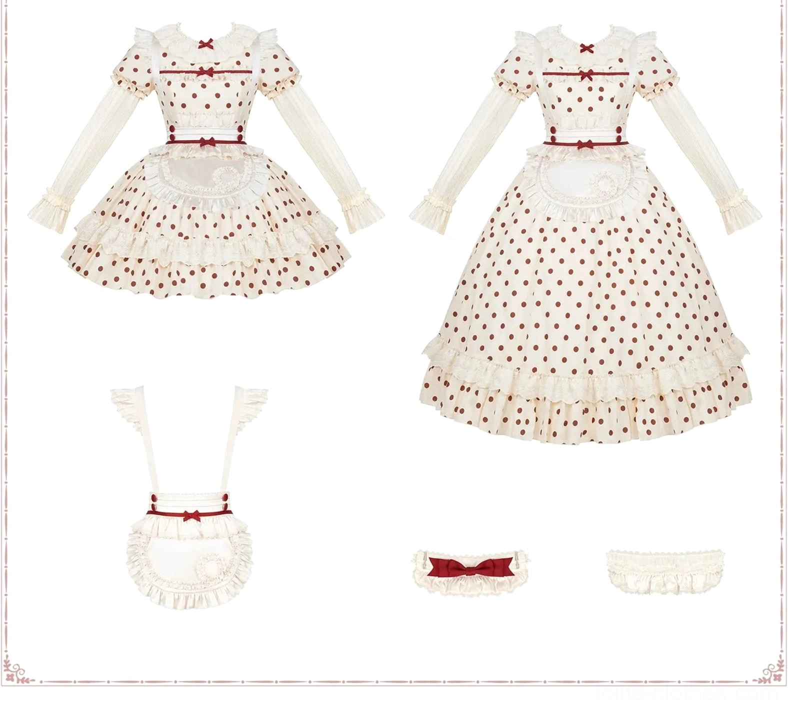 Polka dot lolita OP dress paired with accessories headbow ribbons matching coordination set complete outfit