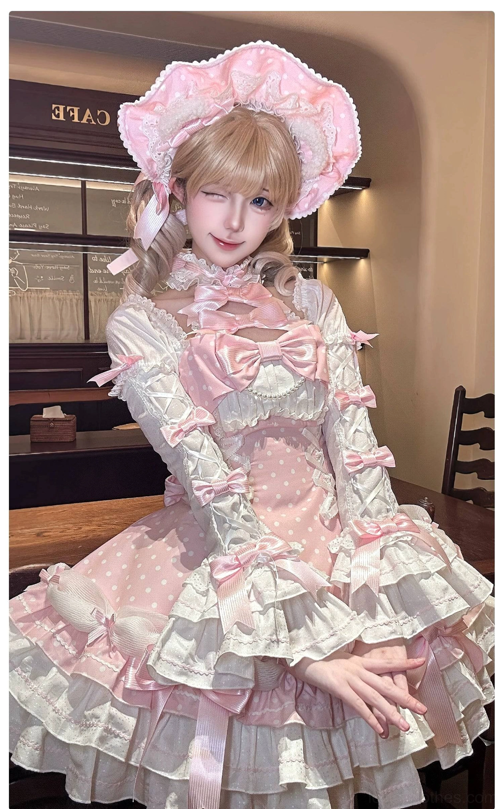 Vintage polka dot Lolita halter dress detail view showing removable back neck bow and bow attachment mechanism