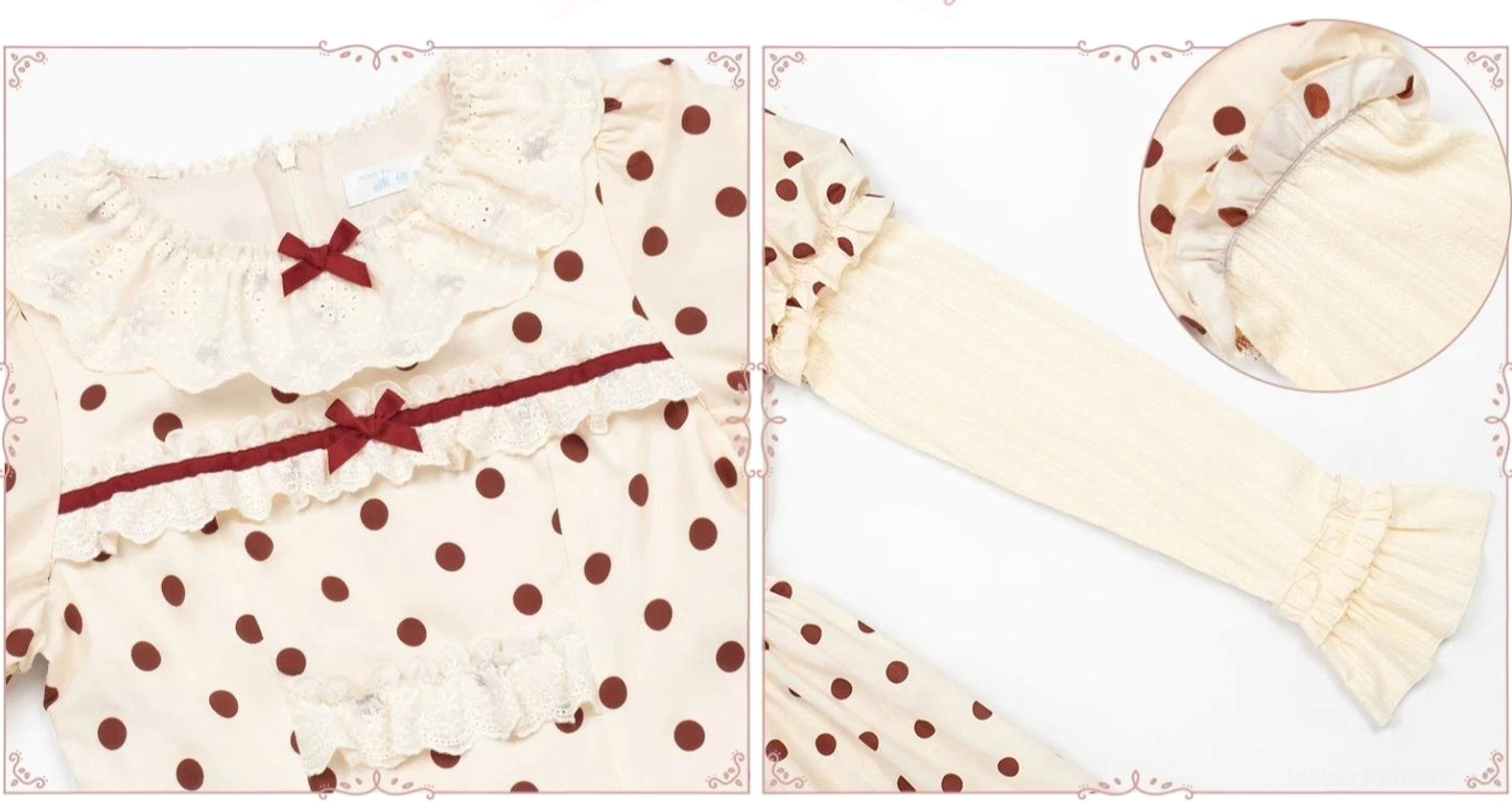 Polka dot lolita OP dress component details ruffled neckline red bow sleeve cuffs velvet ribbon trims accessories