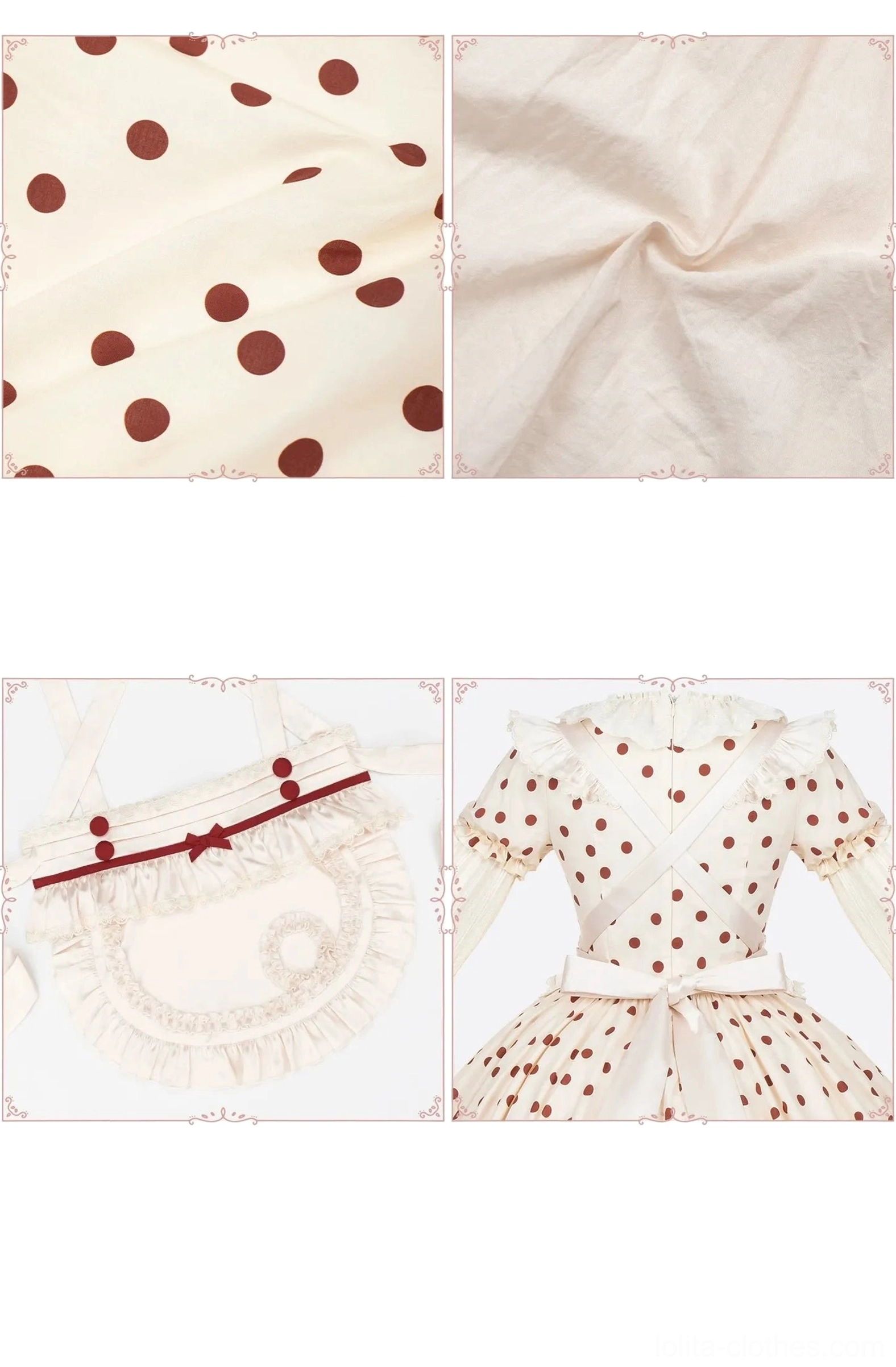 Polka dot lolita dress fabric texture beige base with burgundy polka dot print cotton material close-up vintage aesthetic