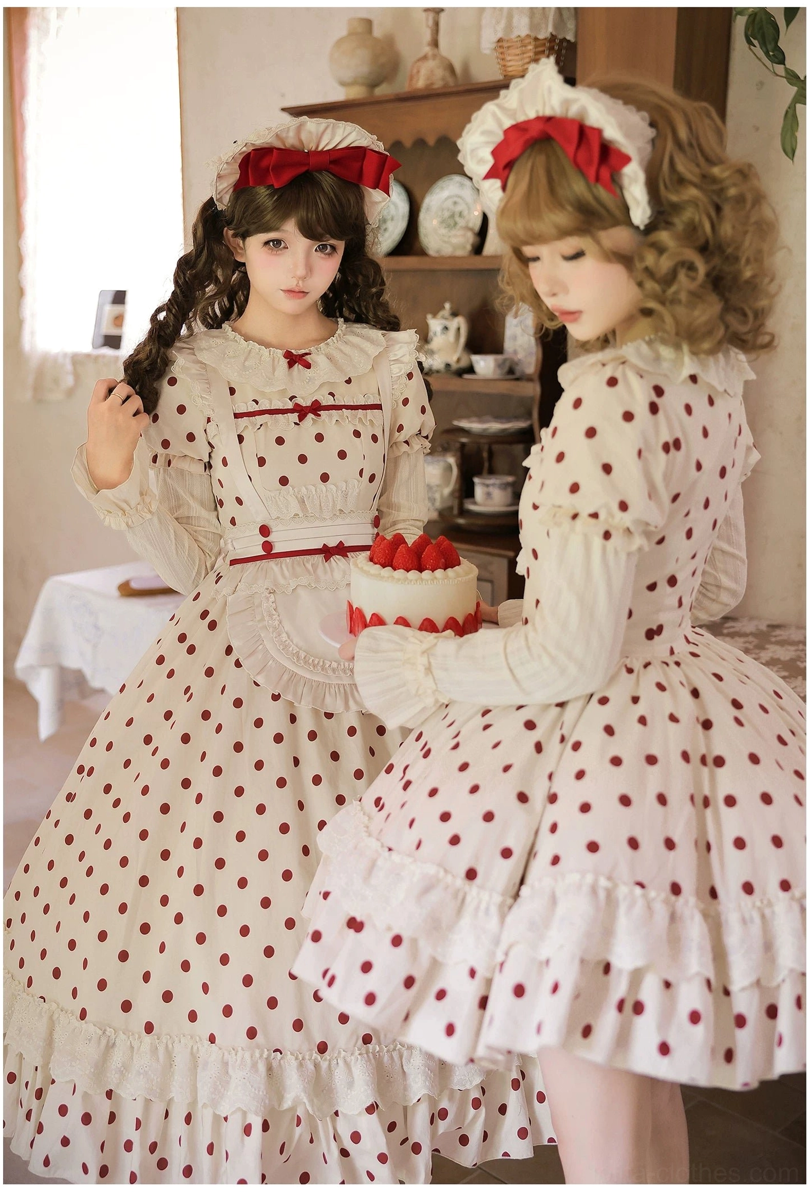 Cream burgundy polka dot lolita OP dress close-up detachable satin apron red neck bow peter pan collar lace ruffles front detail
