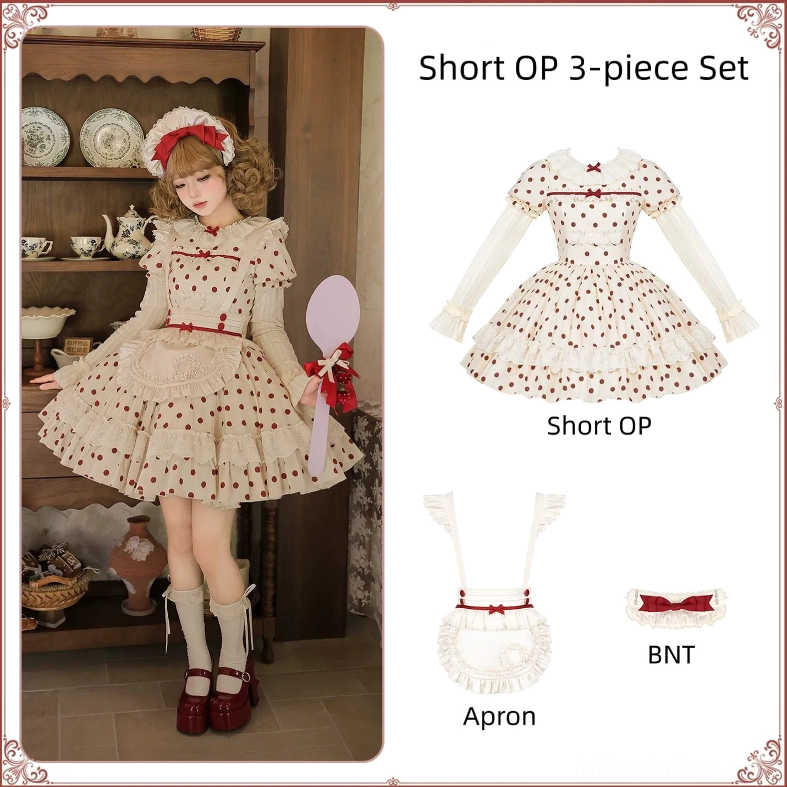 Polka dot lolita dress detachable apron styling option maid-inspired coordinate versatile wearing possibilities
