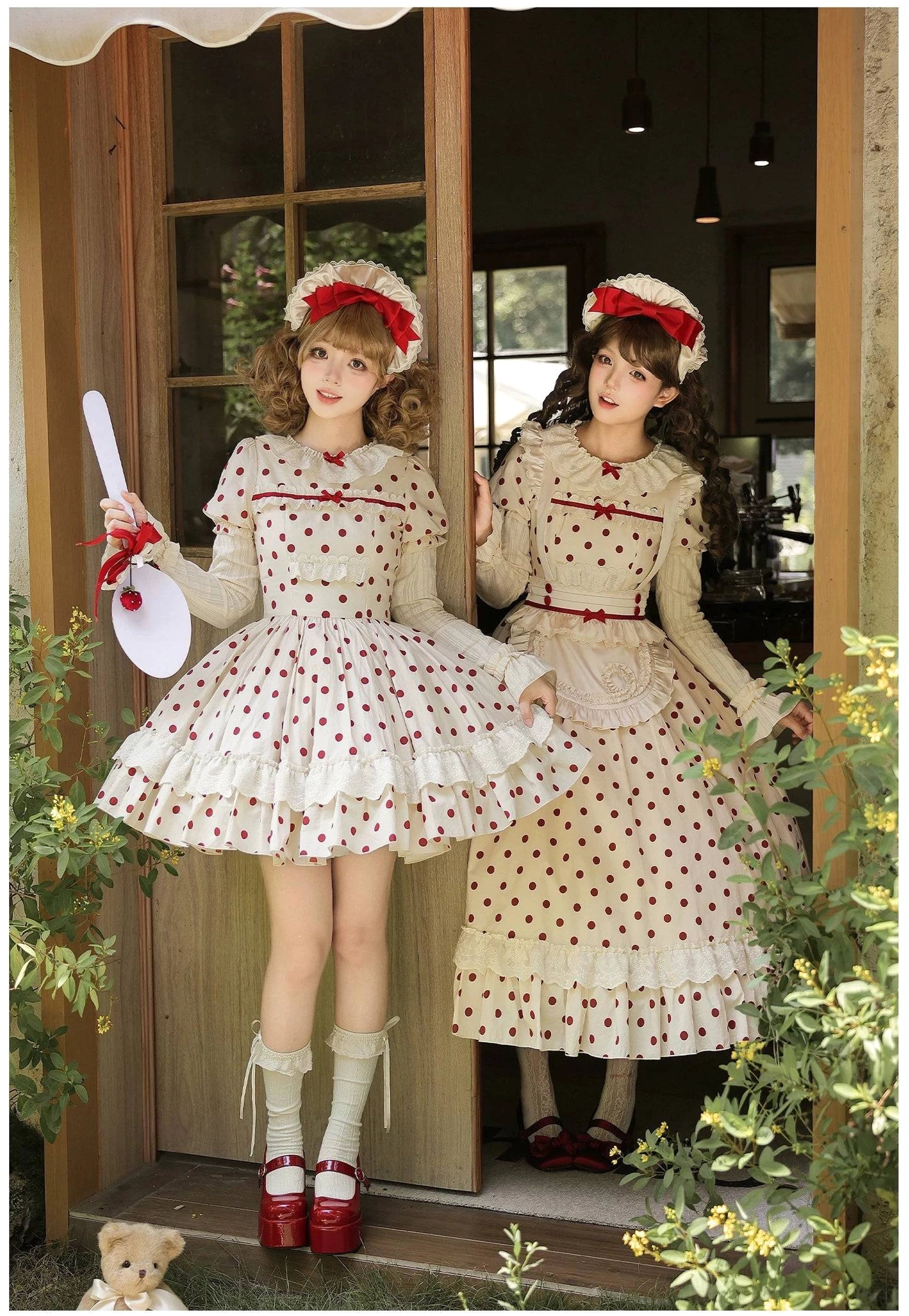 Polka dot lolita OP dress hairstyle accessory coordination red bow headpiece styling suggestions complete look