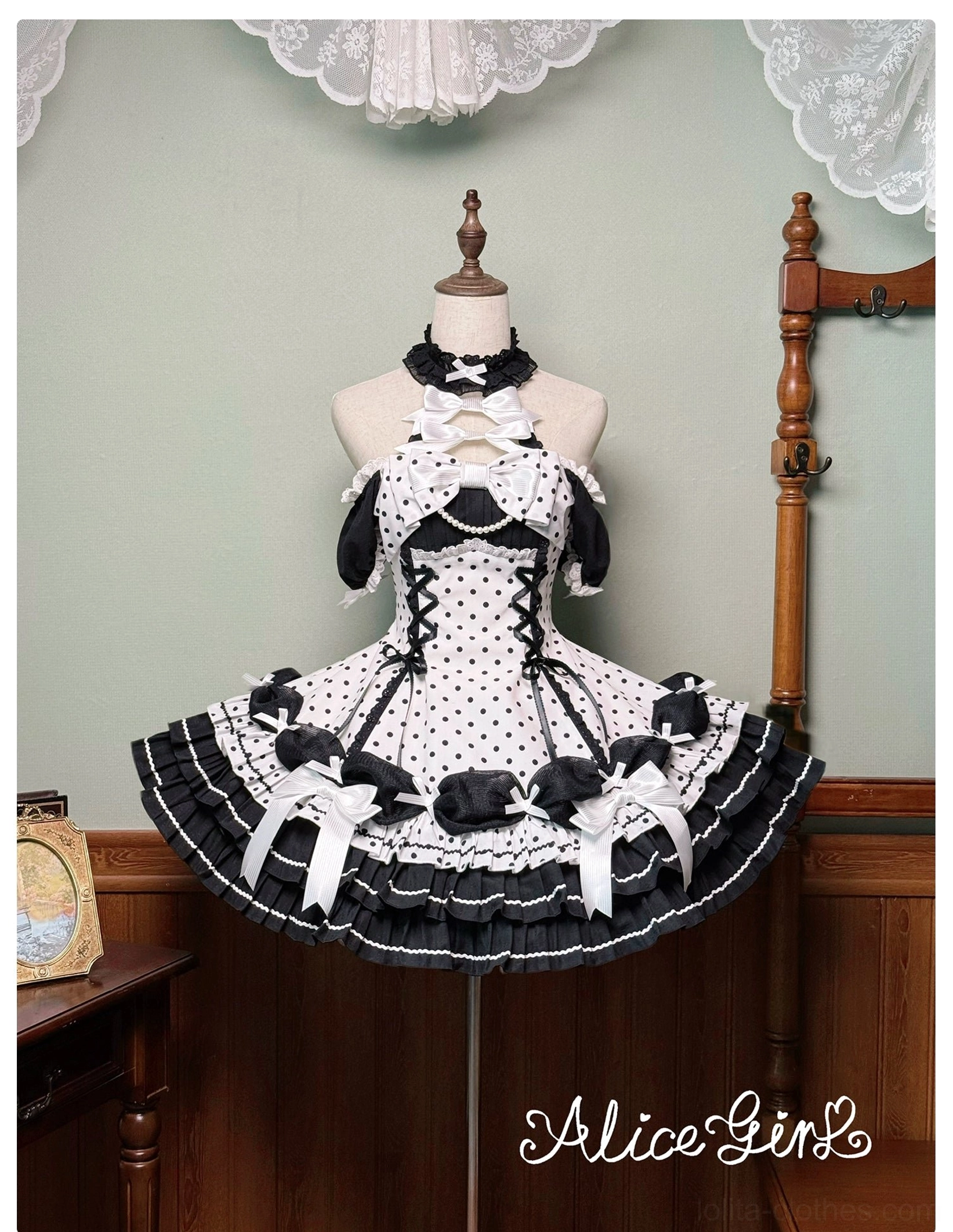 Polka dot Lolita dress photoshoot editing example showing polished final image for online catalog