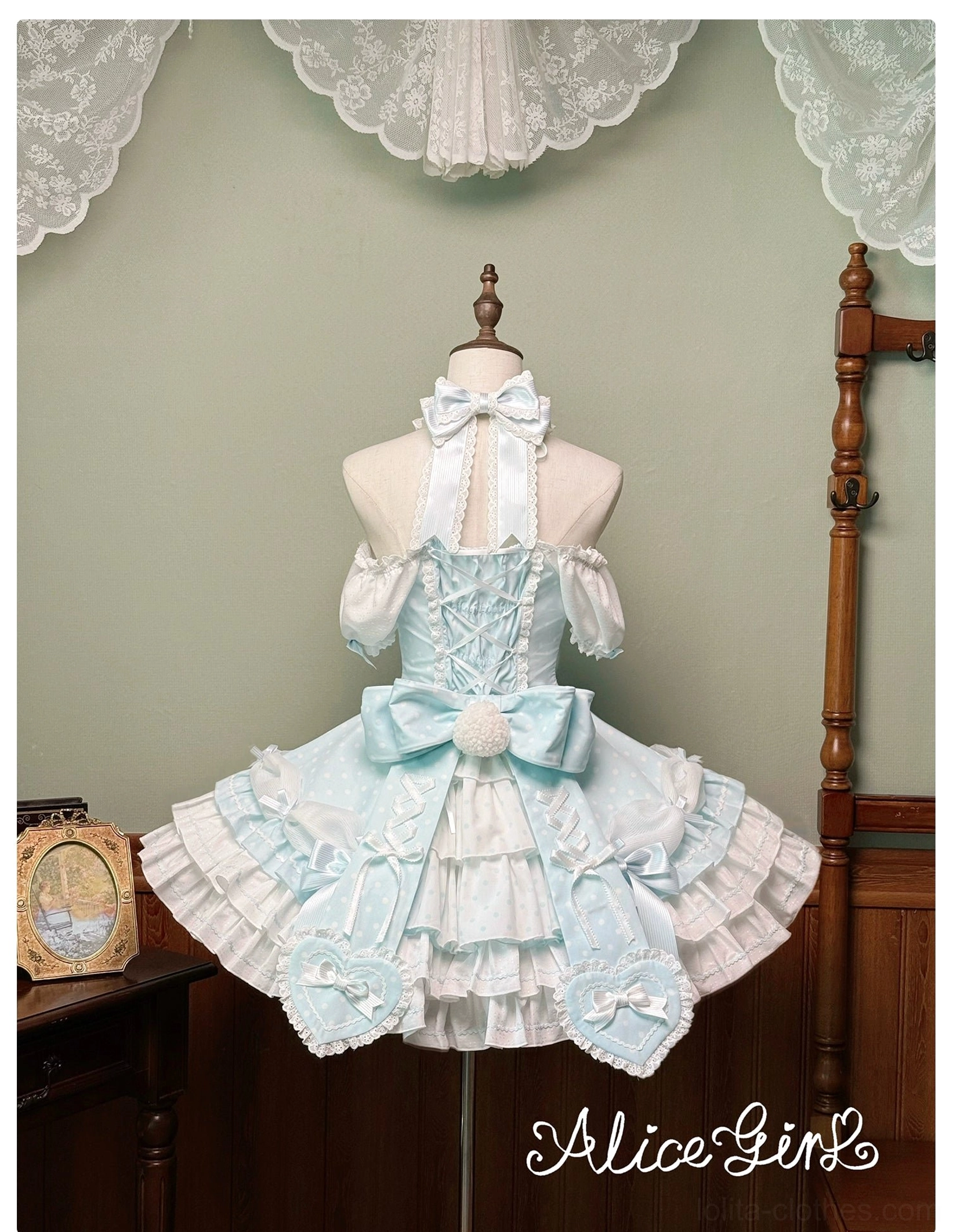 Polka dot Lolita dress photoshoot styling showing tea party occasion wear and aesthetic photography