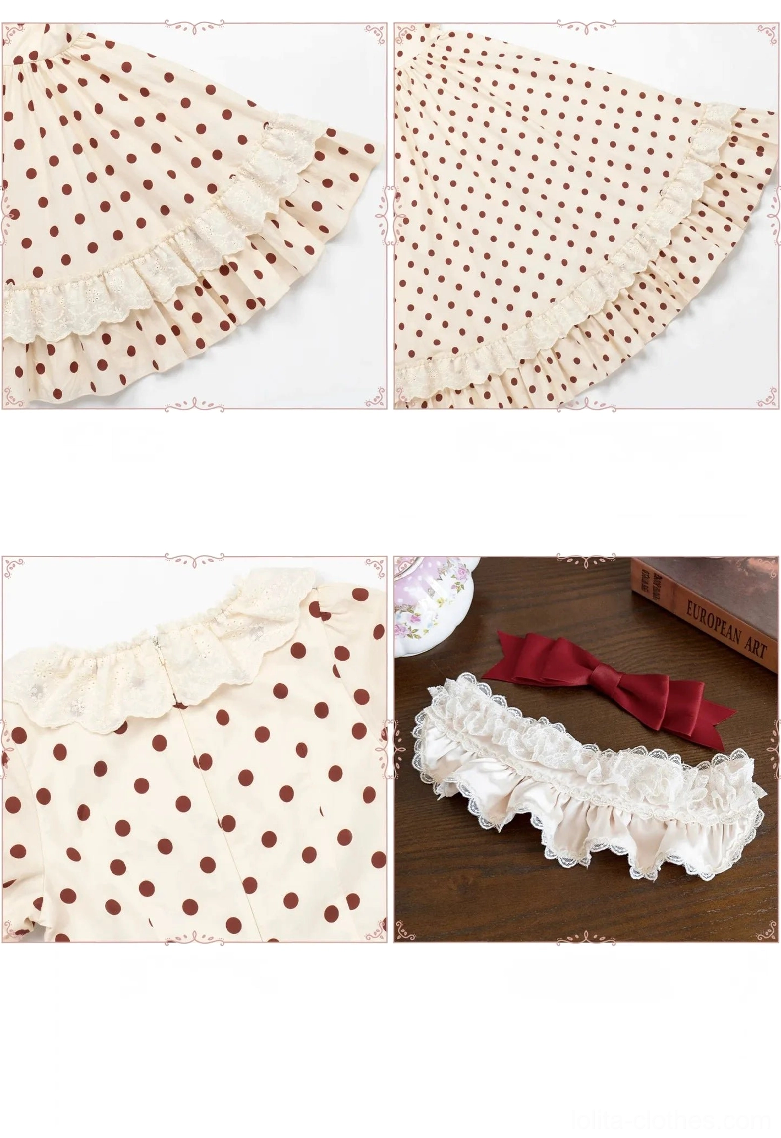 Polka dot lolita OP dress ruffled hem skirt edge detail soft cream cotton fabric close-up flat lay burgundy dots
