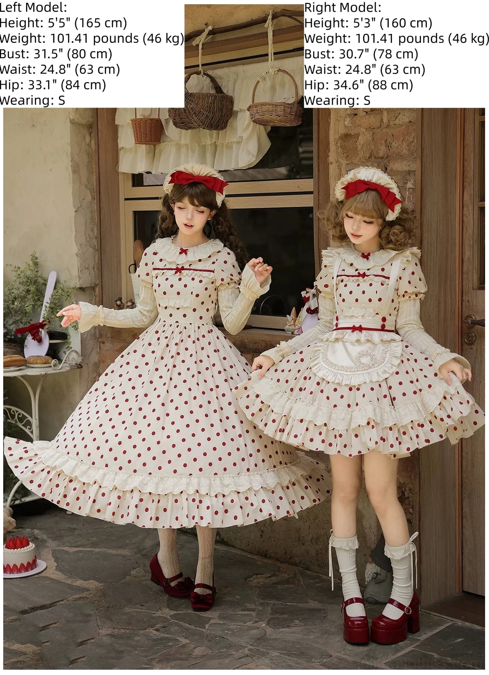 Old School lolita dress model size reference chart two models height bust waist hip measurements wearing size S long short length