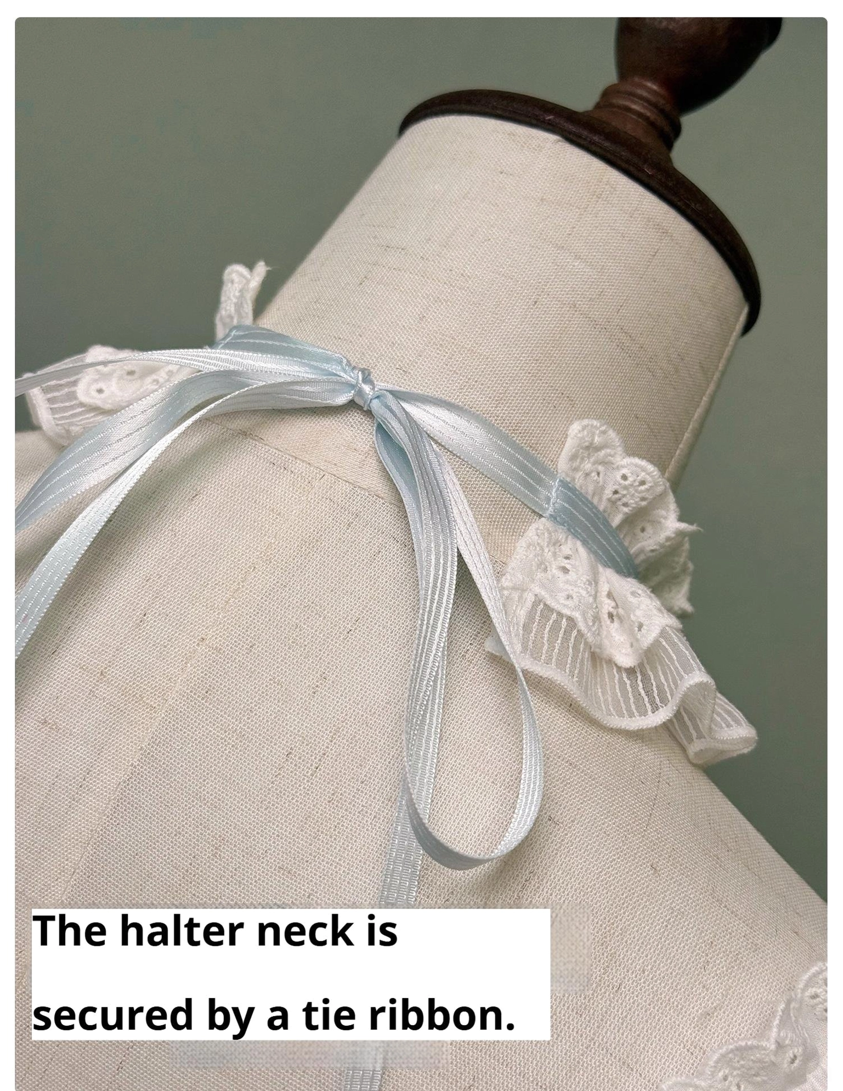 Polka dot Lolita halter dress fit guide showing slim fit design and measurement point illustration