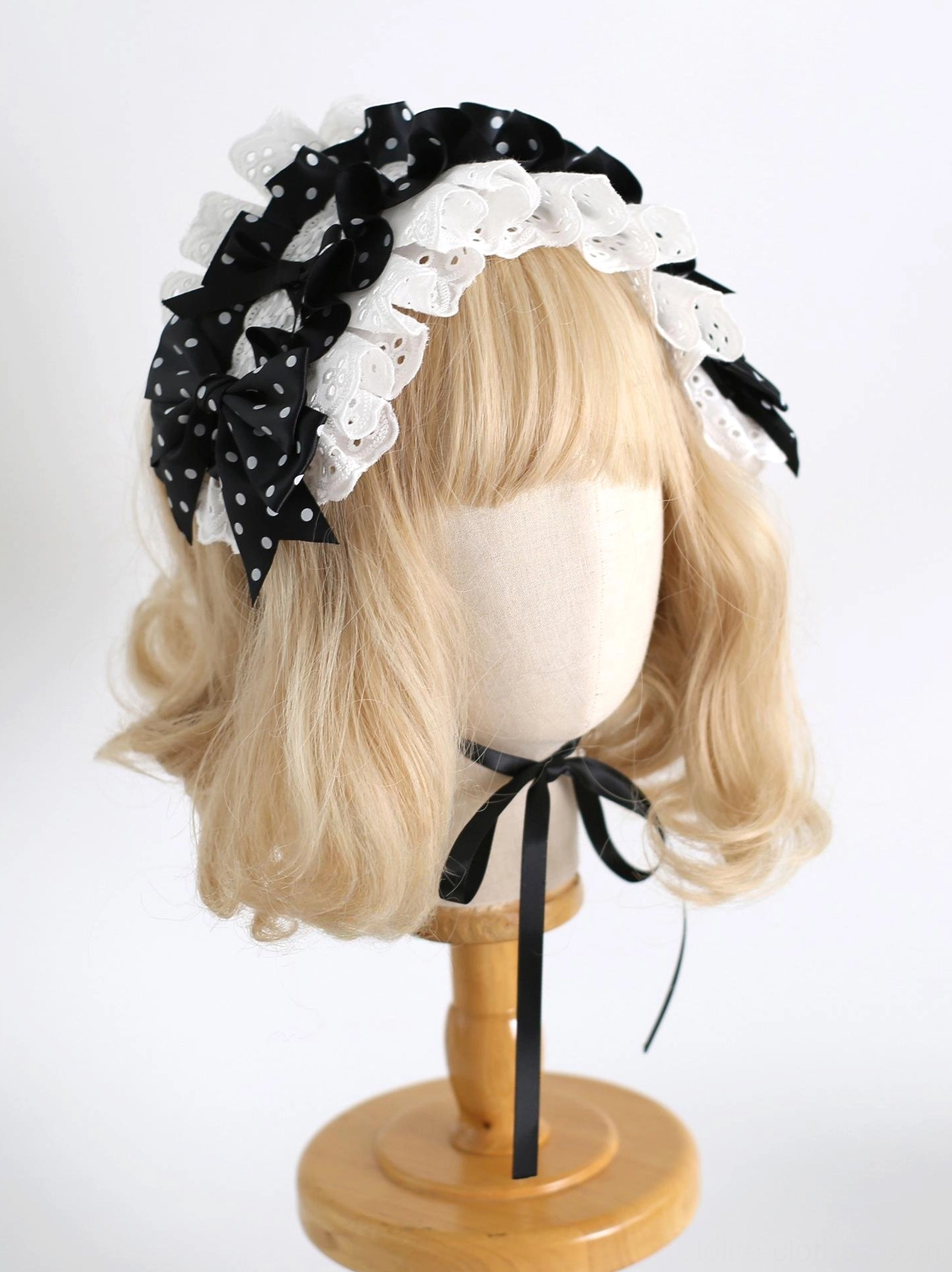 polka dot lolita headband without ears ruffled white lace edge multiple satin bows black ribbon chin strap