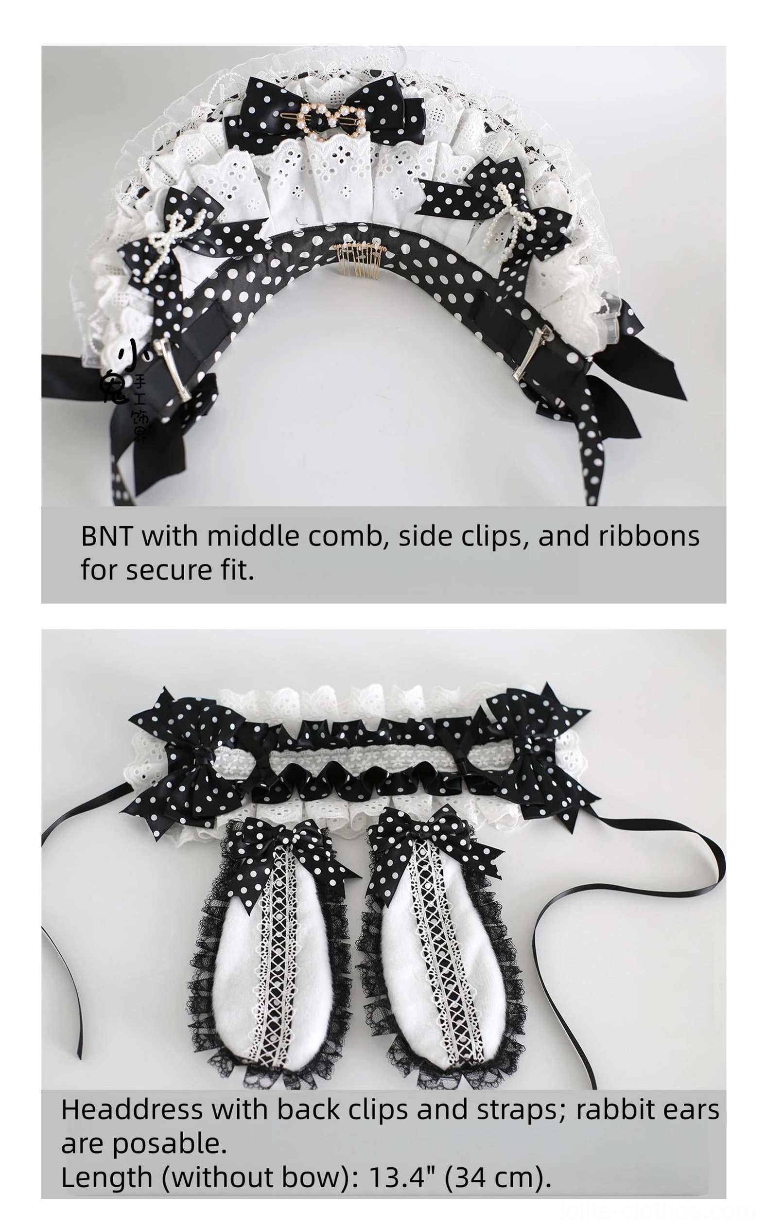 polka dot lolita headdress back view clip fastening secure positioning headband attachment