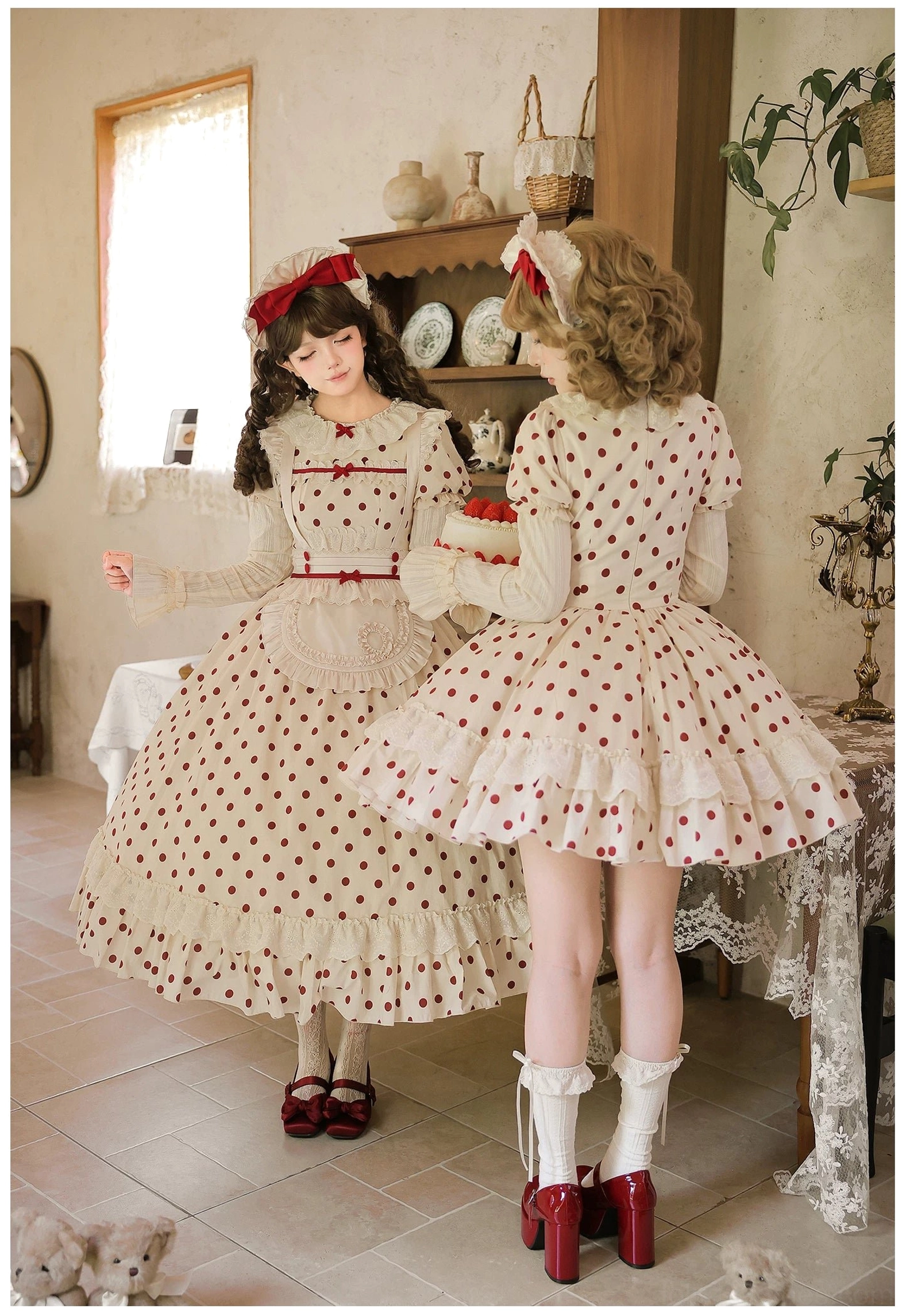 Polka dot old School lolita long OP dress ankle length ruffled skirt full silhouette detail back view vintage charm
