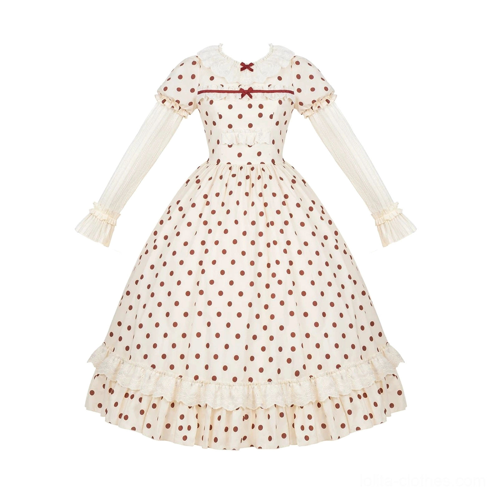 Polka dot lolita long OP dress full length ankle silhouette ruffled hem elegant old school proportion