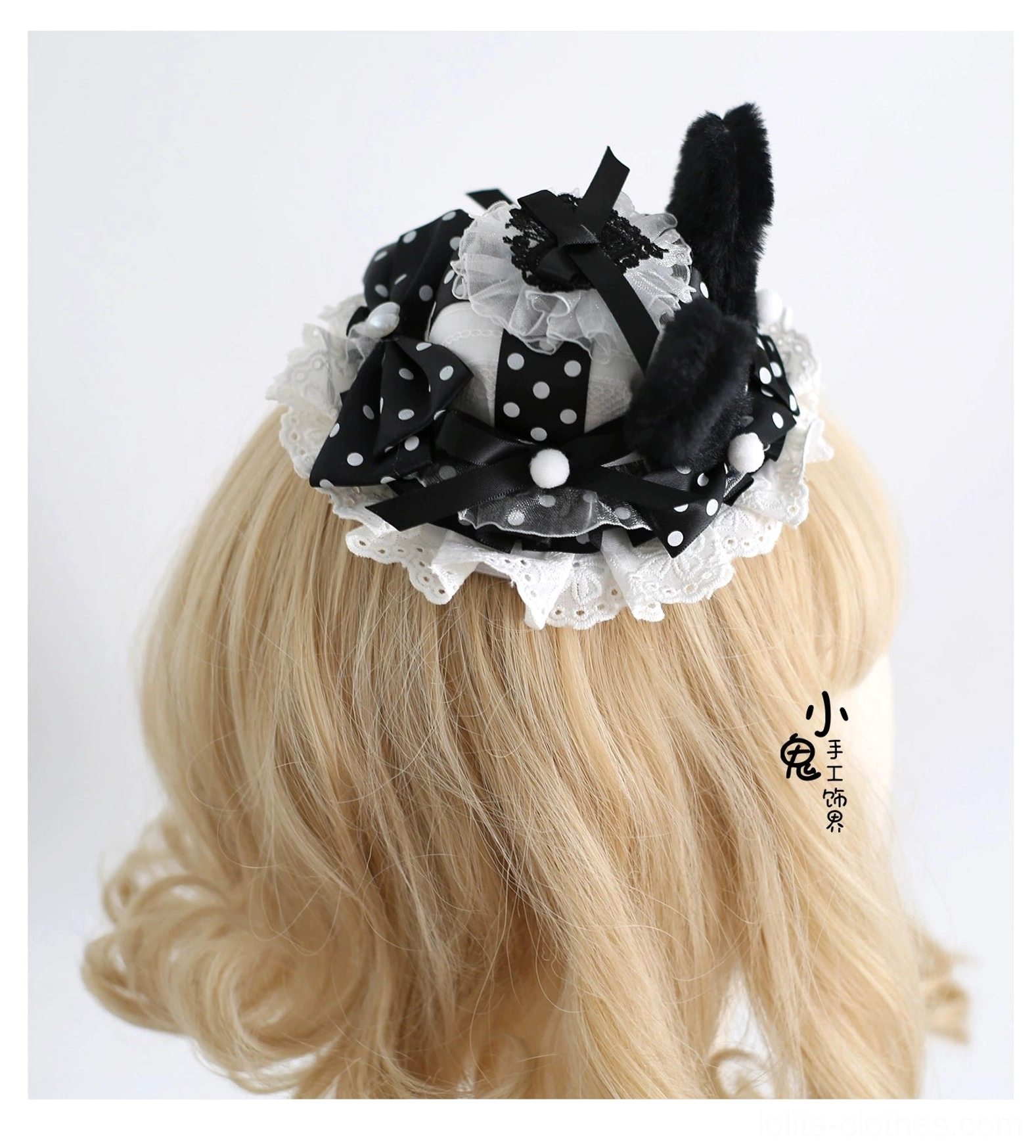 polka dot lolita mini top hat structured dome shape lace trim poly dot ribbon embellishment