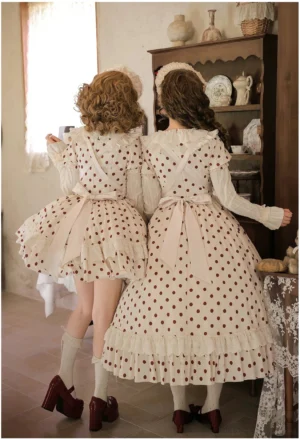 Polka dot lolita OP dress back view ankle length ruffled skirt waist bow sash elegant silhouette vintage interior setting