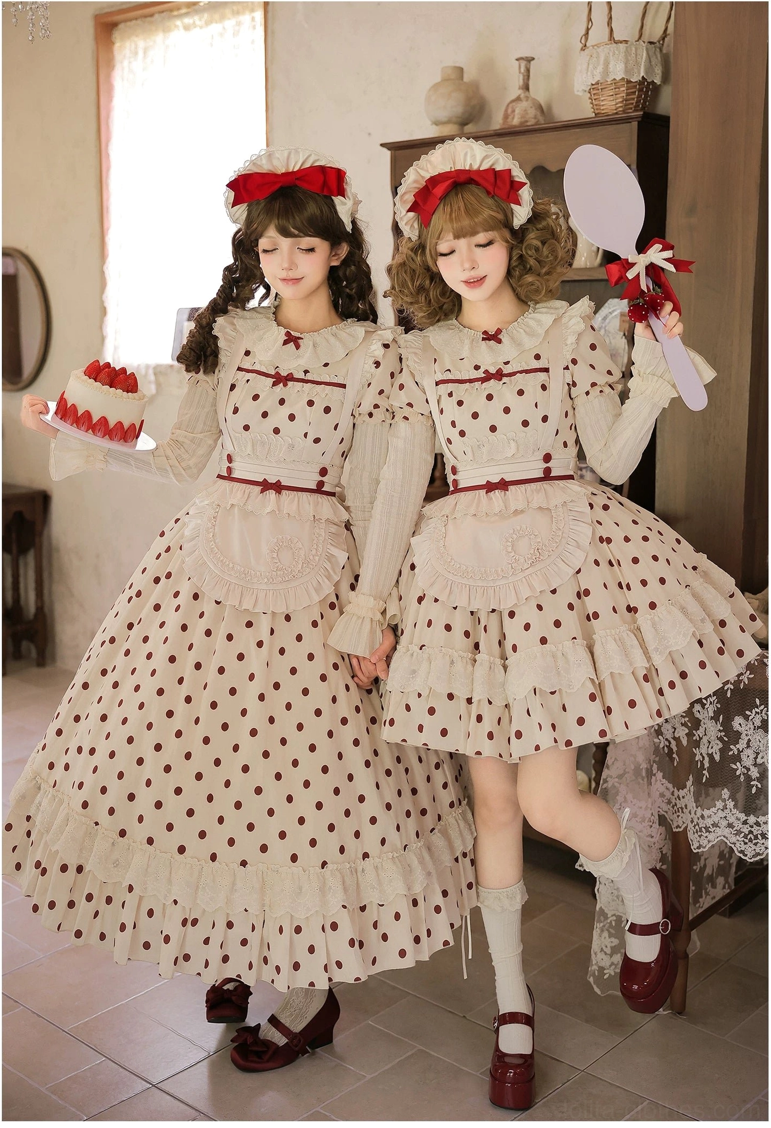 Polka dot lolita OP dress front three-quarter view two models burgundy red headbow ruffled socks mary jane shoes coordinate styling