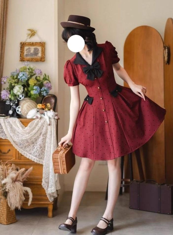 Polka-dot classic lolita OP dress flocked dot texture detail fabric embellishment three-dimensional surface vintage aesthetic