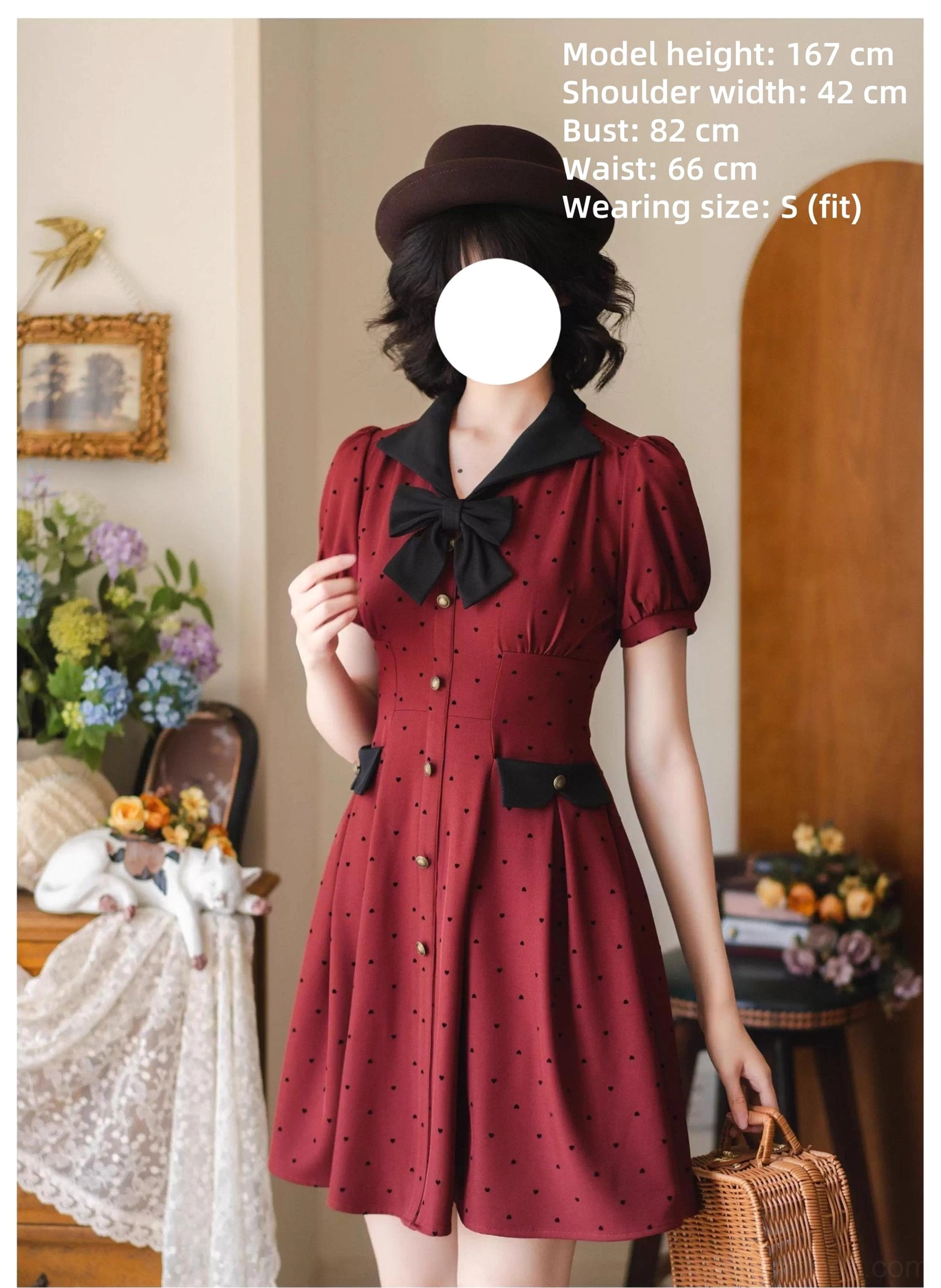 Polka-dot lolita OP dress puff sleeves detail with flocked dots vintage puffed sleeve design classic lolita aesthetic