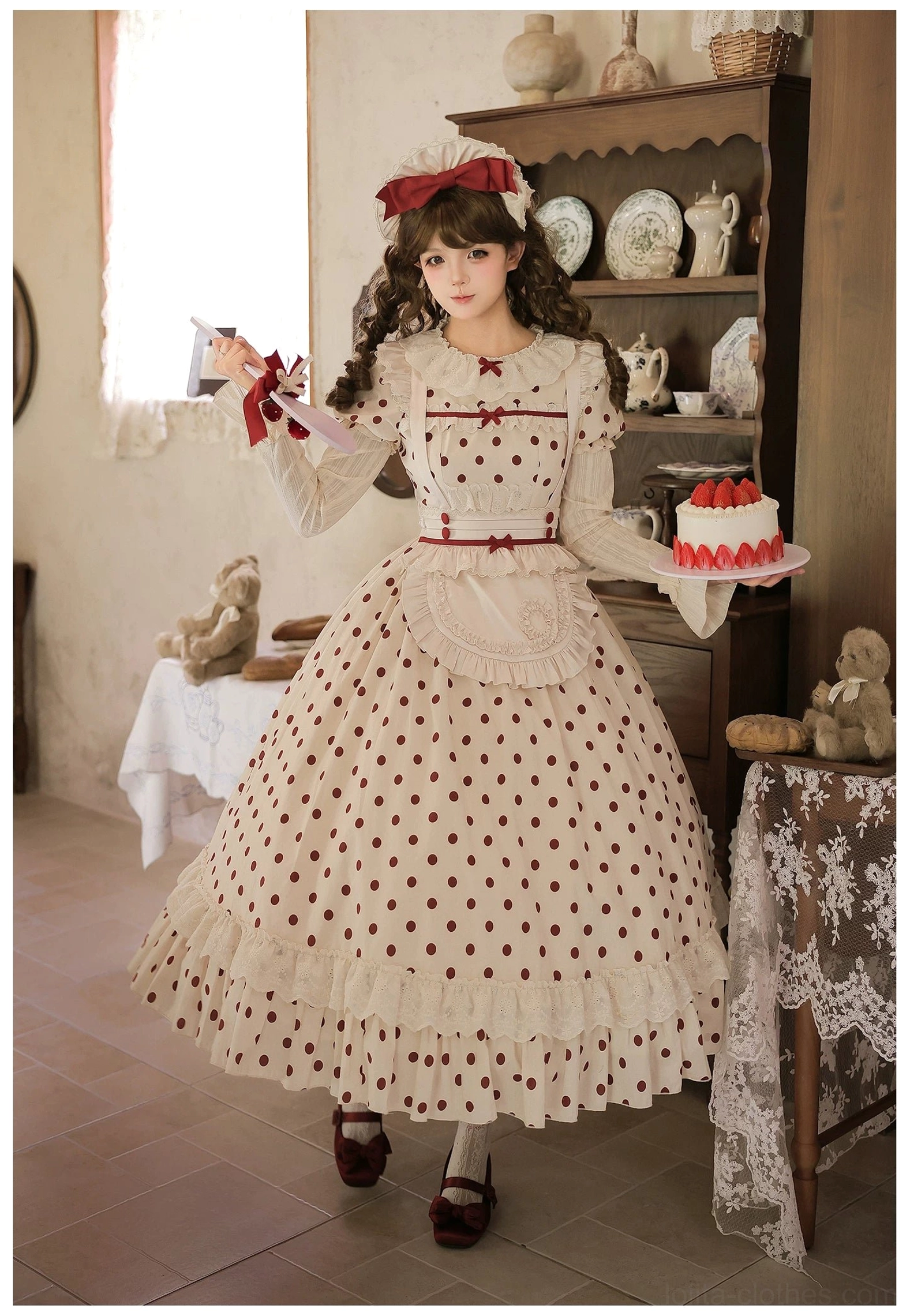 Polka dot lolita OP dress size chart measurements S M L bust waist hip fitting guide length options