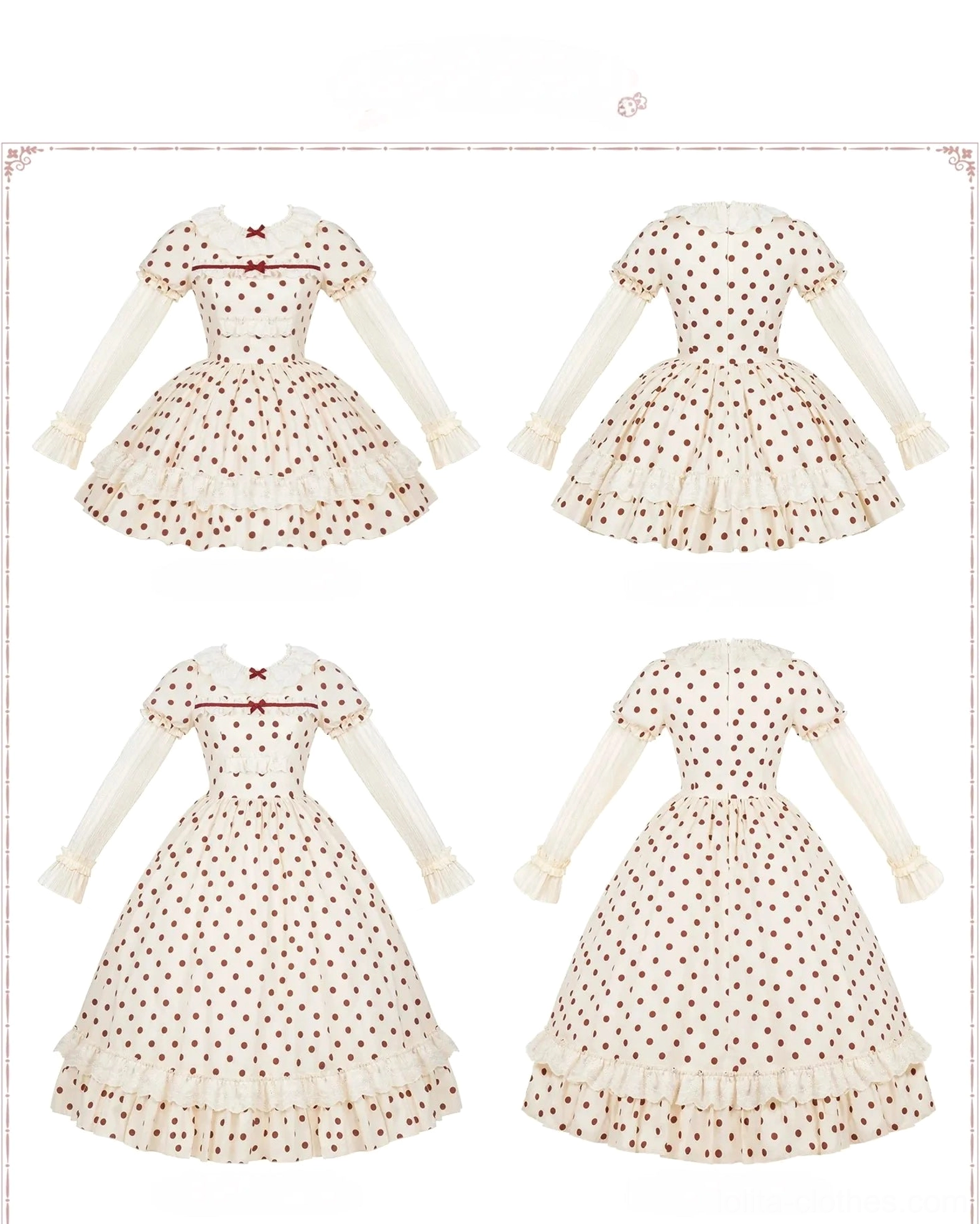 Polka dot lolita OP dress four style variants long short sleeve length options flat lay product showcase ruffled hem