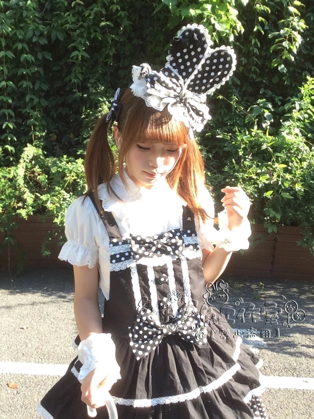 Polka dot and plaid Lolita bunny ear headdress styles side by side comparison showing different pattern options and embellishment variations for fashion coordinate selection