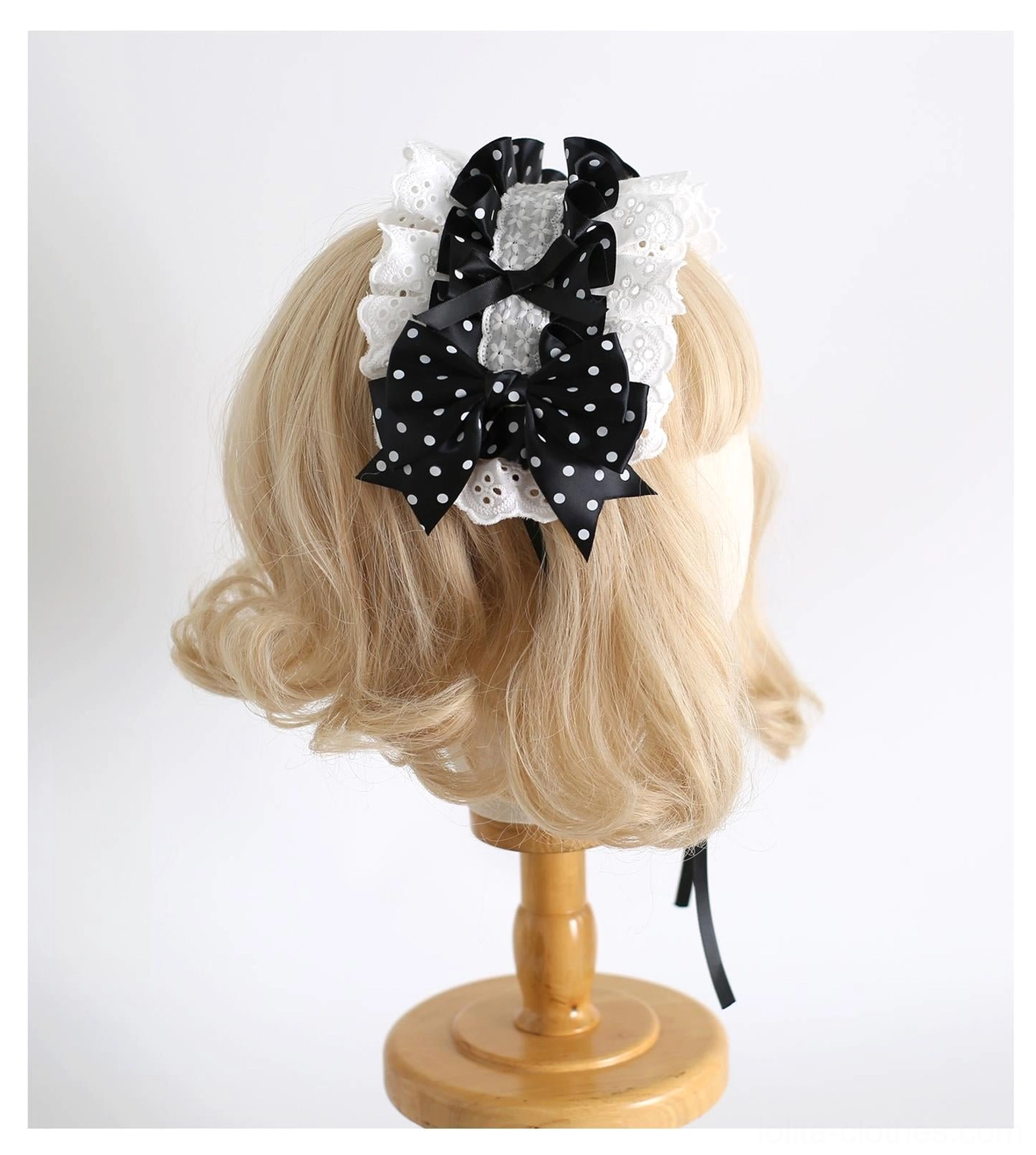 polka dot bow lolita hair clip large satin bow white ruffled lace backing hanging ribbon tail