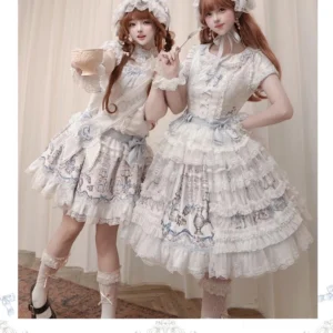 Complete porcelain blue and white sweet Lolita coordinate featuring matching dresses styled on two models wearing vintage-inspired curled hairstyles, multi-tiered ruffled lace skirts, and coordinating ribbon bows