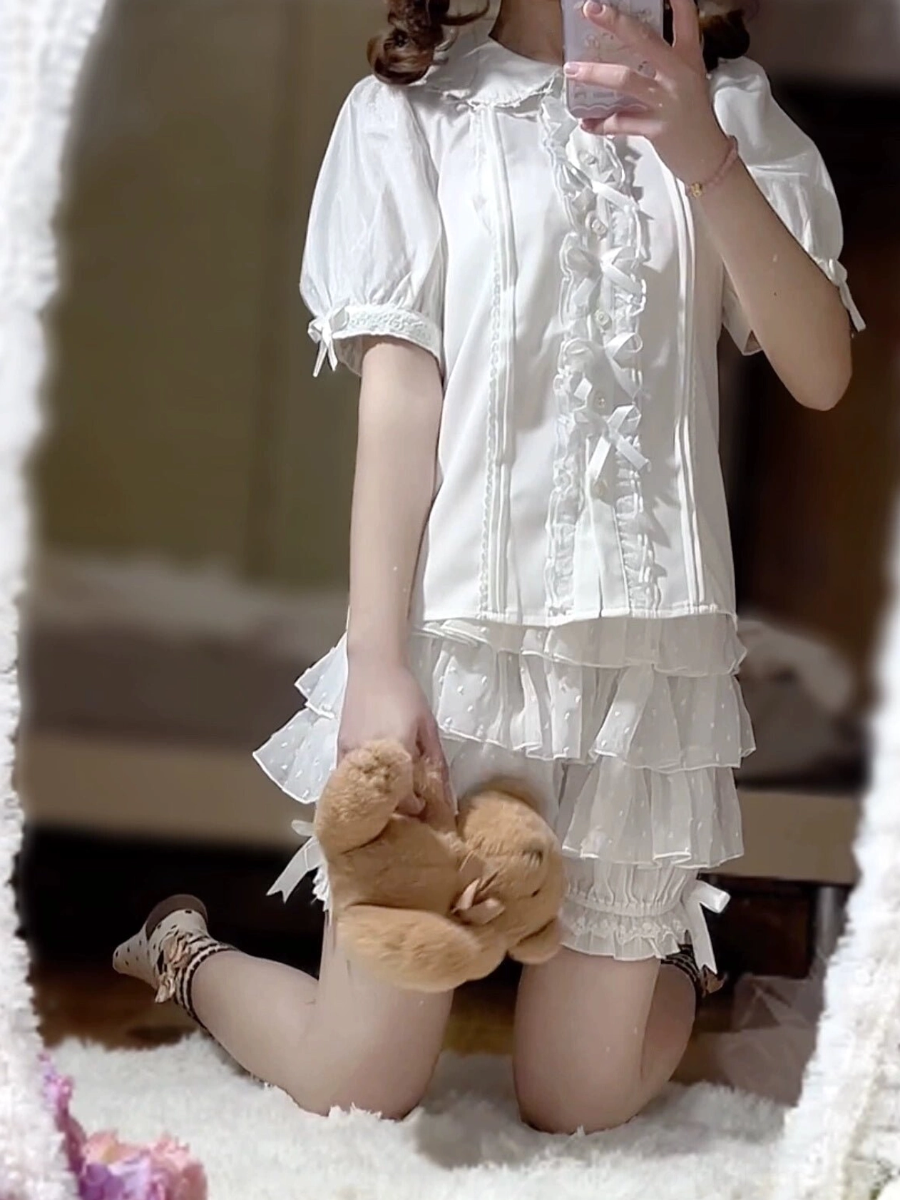 Premium cotton lolita safety bloomers with multi-layer ruffles showcasing the complete silhouette and design construction
