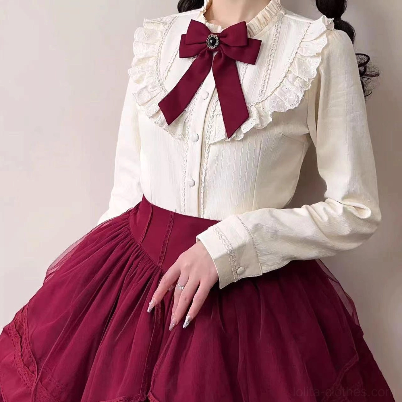 Premium fleece-lined daily lolita cotton velvet blouse close-up showing delicate lace collar trim and fabric texture details