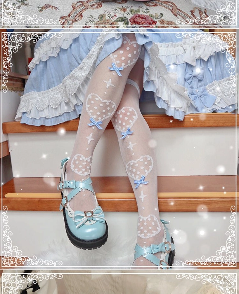 Premium quality Lolita knee socks in soft pastel colorway showcasing careful craftsmanship and refined bow heart print pattern details