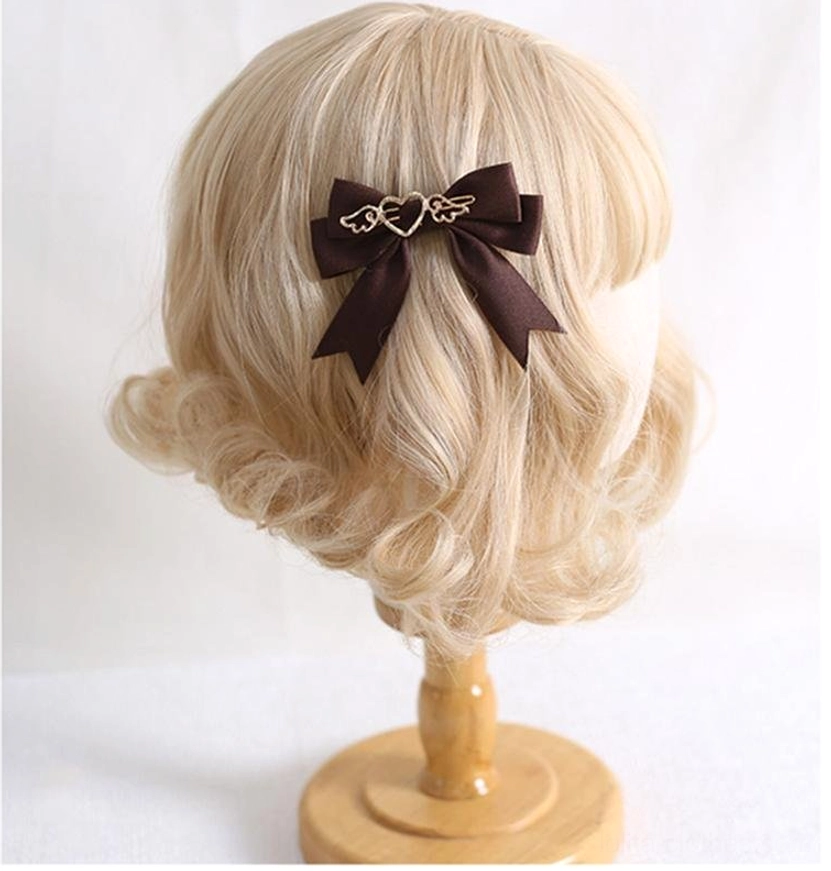 Premium quality lolita satin bow hair clips with gold heart-wing charms for coordinate photography