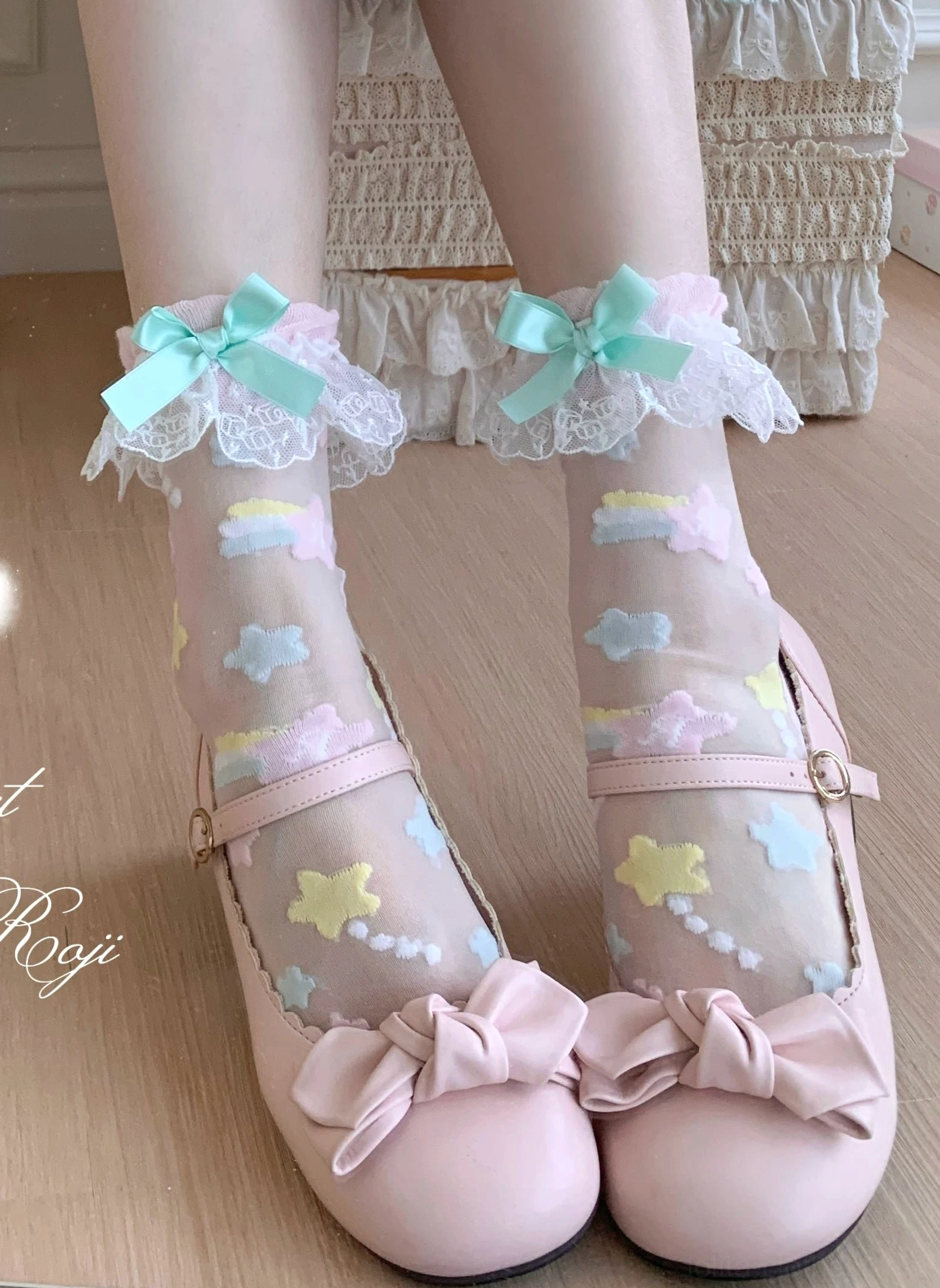 Premium nylon spandex lolita socks with star embroidery durable sheer mesh satin bow construction