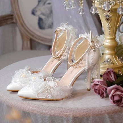 Premium lolita pointed toe wedding high heels pearls rhinestones bow decoration satin fabric wear-resistant sole bridal