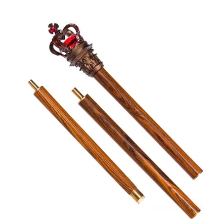 Premium royal lolita scepter with red gemstone crown, dark matte wood-grain pole, gold metal end caps, three-piece modular construction
