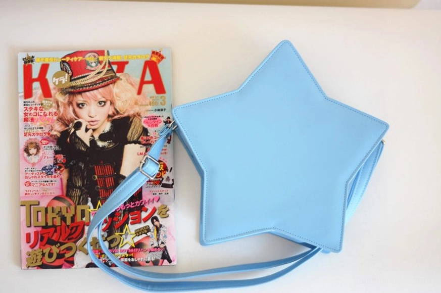 Premium handcrafted star-shaped Lolita bag detail photography, PU leather construction, star pendant zipper, Sweet Lolita fashion accessory showcase